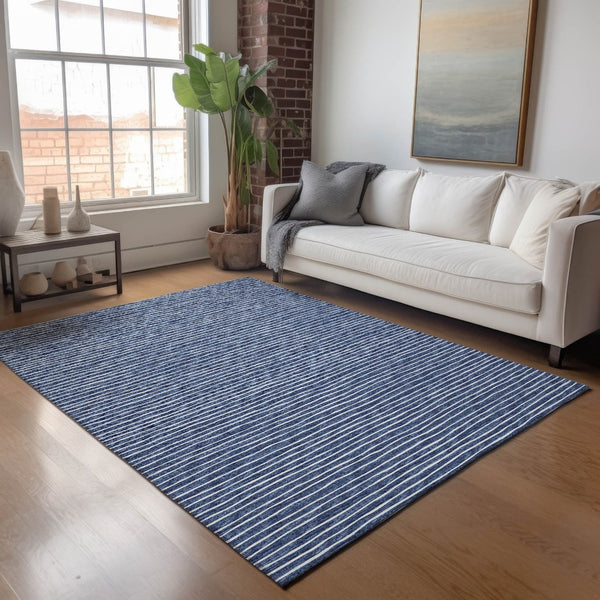 HomeRoots 10' Navy Blue and Ivory Striped Washable Area Rug - Durable, UV Protected, Perfect for High-Traffic Spaces 645223