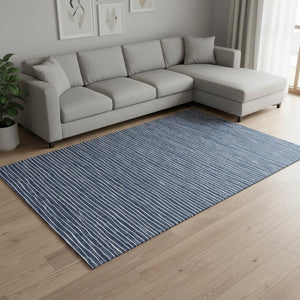 HomeRoots 10' Navy Blue and Ivory Striped Washable Area Rug - Durable, UV Protected, Perfect for High-Traffic Spaces 645223