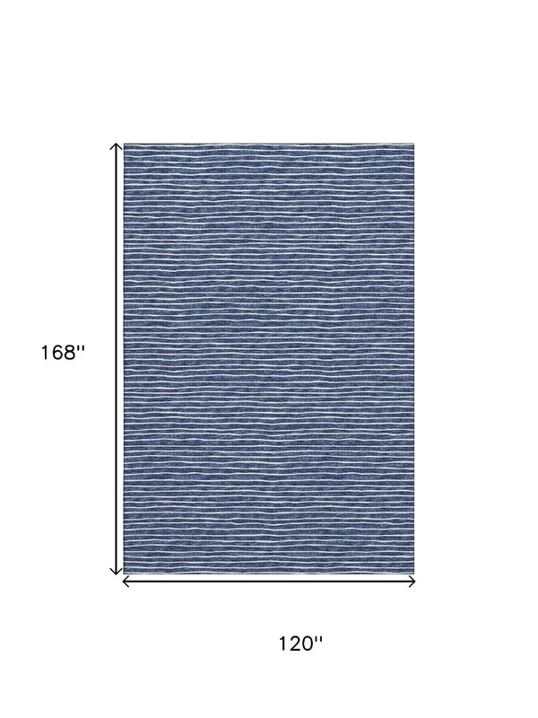 HomeRoots 10' Navy Blue and Ivory Striped Washable Area Rug - Durable, UV Protected, Perfect for High-Traffic Spaces 645223
