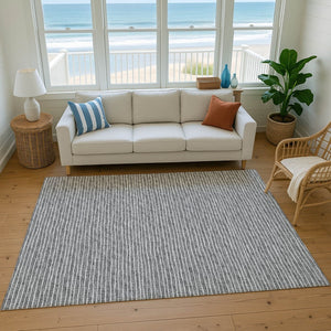HomeRoots 5' Gray and Ivory Striped Area Rug - Washable, UV-Protected, Stain-Resistant for Family Living Spaces 645225