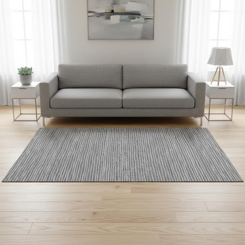 HomeRoots 5' Gray and Ivory Striped Area Rug - Washable, UV-Protected, Stain-Resistant for Family Living Spaces 645225