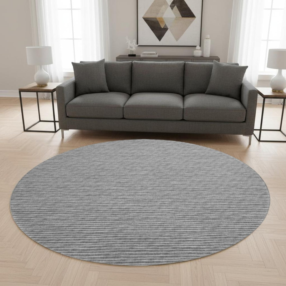 HomeRoots 8' Gray and Ivory Striped Round Rug - UV Protected, Machine Washable for Easy Care & Family-Friendly Use 645226