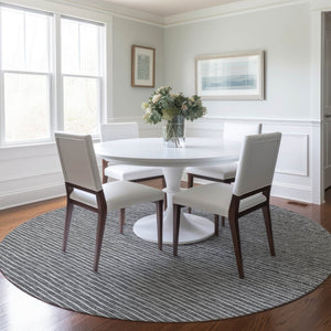 HomeRoots 8' Gray and Ivory Striped Round Rug - UV Protected, Machine Washable for Easy Care & Family-Friendly Use 645226