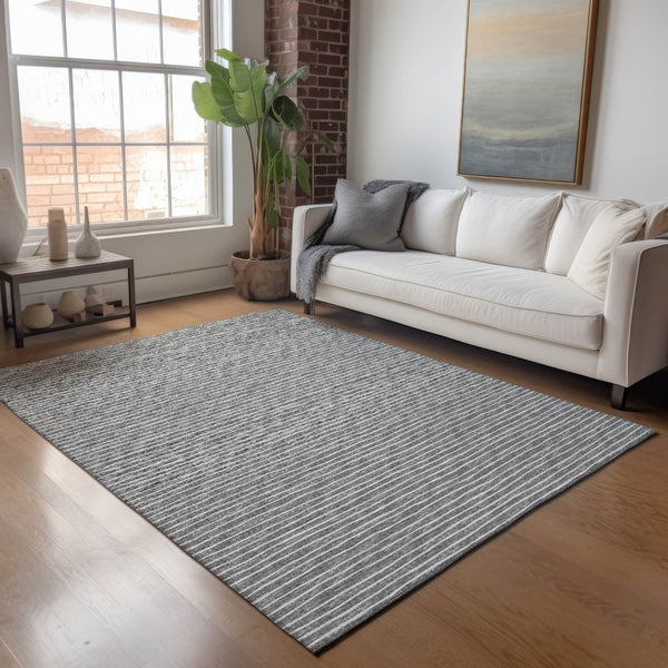 HomeRoots 9' X 12' Gray & Ivory Striped Washable Area Rug - Durable, Stain-Resistant, UV Protected for Homes 645228