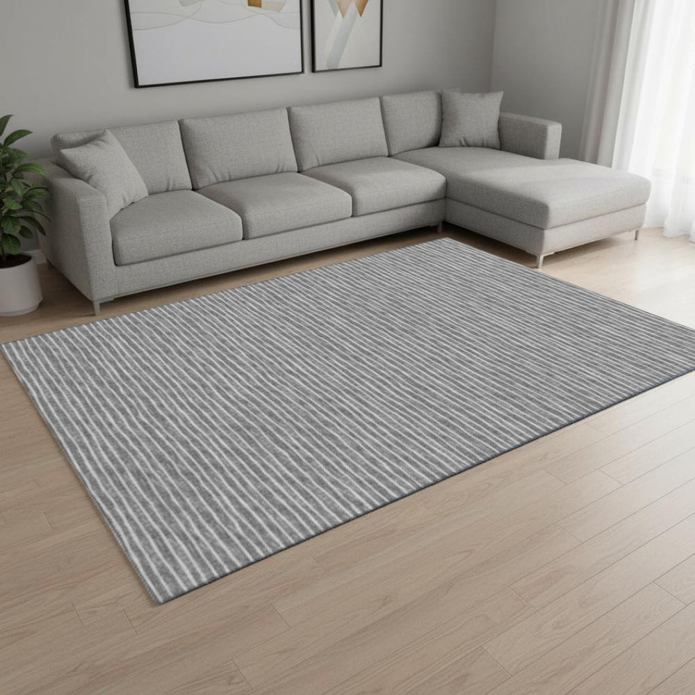 HomeRoots 10' X 14' Gray and Ivory Striped Area Rug - Washable, UV-Protected, Stain-Resistant, Durable Comfort 645229