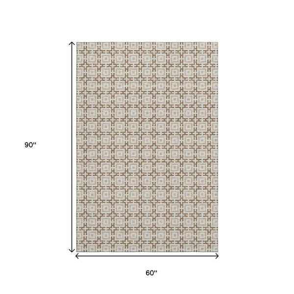 HomeRoots 5' X 8' Taupe and Beige Geometric Area Rug – Washable, Stain-Resistant, UV Protected for Modern Spaces 645243