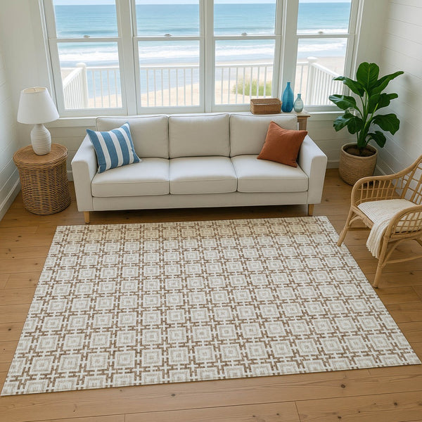 HomeRoots 5' X 8' Taupe and Beige Geometric Area Rug – Washable, Stain-Resistant, UV Protected for Modern Spaces 645243