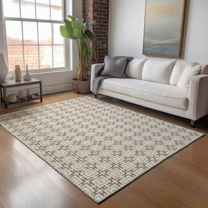 HomeRoots 5' X 8' Taupe and Beige Geometric Area Rug – Washable, Stain-Resistant, UV Protected for Modern Spaces 645243