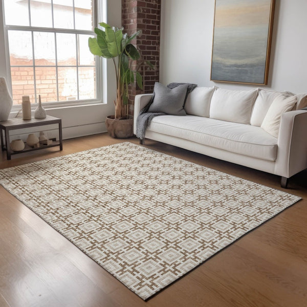 HomeRoots 5' X 8' Taupe and Beige Geometric Area Rug – Washable, Stain-Resistant, UV Protected for Modern Spaces 645243