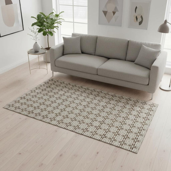HomeRoots 5' X 8' Taupe and Beige Geometric Area Rug – Washable, Stain-Resistant, UV Protected for Modern Spaces 645243