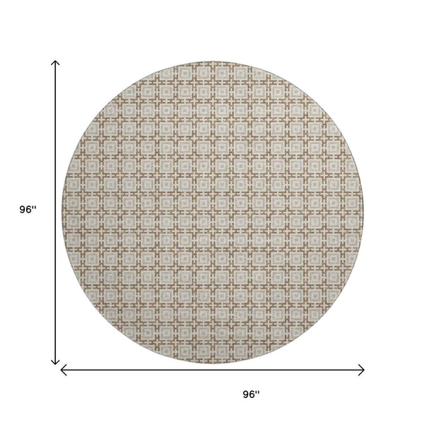 HomeRoots 8' Taupe and Beige Geometric Round Rug – Washable, UV Protected, Durable & Stain-Resistant Style! 645244