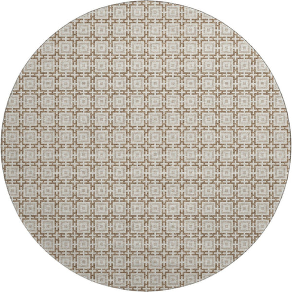HomeRoots 8' Taupe and Beige Geometric Round Rug – Washable, UV Protected, Durable & Stain-Resistant Style! 645244