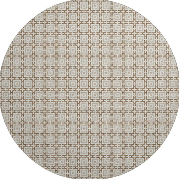 HomeRoots 8' Taupe and Beige Geometric Round Rug – Washable, UV Protected, Durable & Stain-Resistant Style! 645244