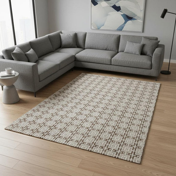 HomeRoots 10' X 14' Taupe & Beige Geometric Washable Area Rug with UV Protection for Stylish Living Spaces 645247
