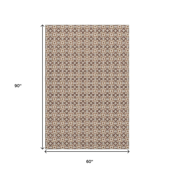HomeRoots 5' X 8' Washable Rust and Beige Geometric Area Rug with UV Protection for Family Homes and Pets 645249