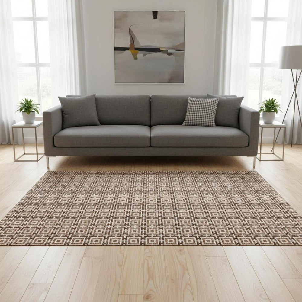 HomeRoots 5' X 8' Washable Rust and Beige Geometric Area Rug with UV Protection for Family Homes and Pets 645249