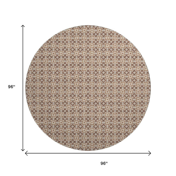 HomeRoots 8' Stylish Rust and Beige Geometric Round Rug - Washable, Stain Resistant, UV Protected for Any Room 645250