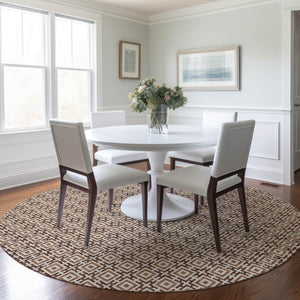 HomeRoots 8' Stylish Rust and Beige Geometric Round Rug - Washable, Stain Resistant, UV Protected for Any Room 645250