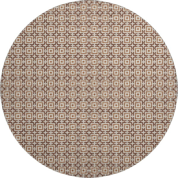 HomeRoots 8' Stylish Rust and Beige Geometric Round Rug - Washable, Stain Resistant, UV Protected for Any Room 645250