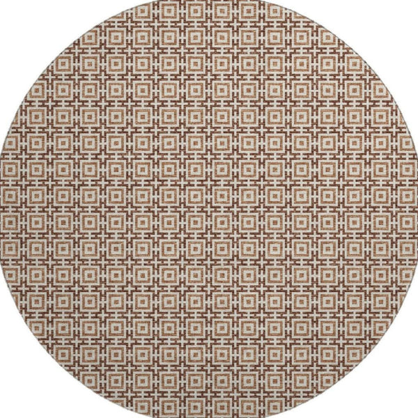HomeRoots 8' Stylish Rust and Beige Geometric Round Rug - Washable, Stain Resistant, UV Protected for Any Room 645250