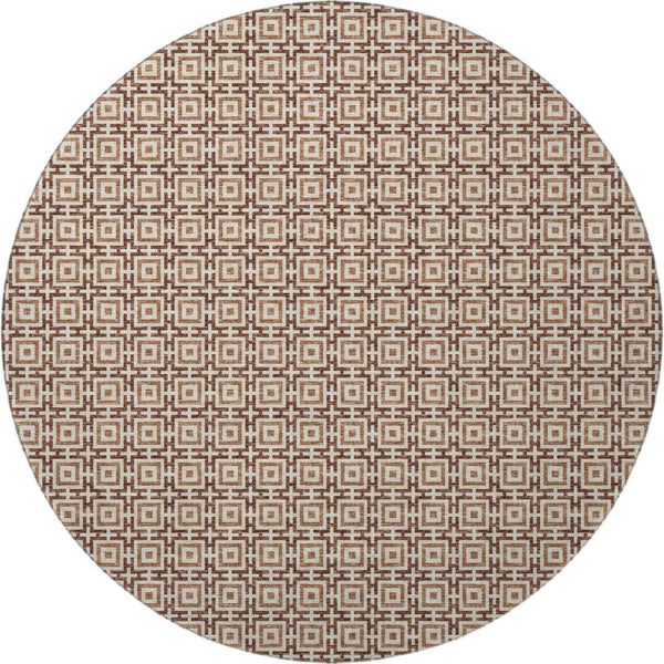 HomeRoots 8' Stylish Rust and Beige Geometric Round Rug - Washable, Stain Resistant, UV Protected for Any Room 645250
