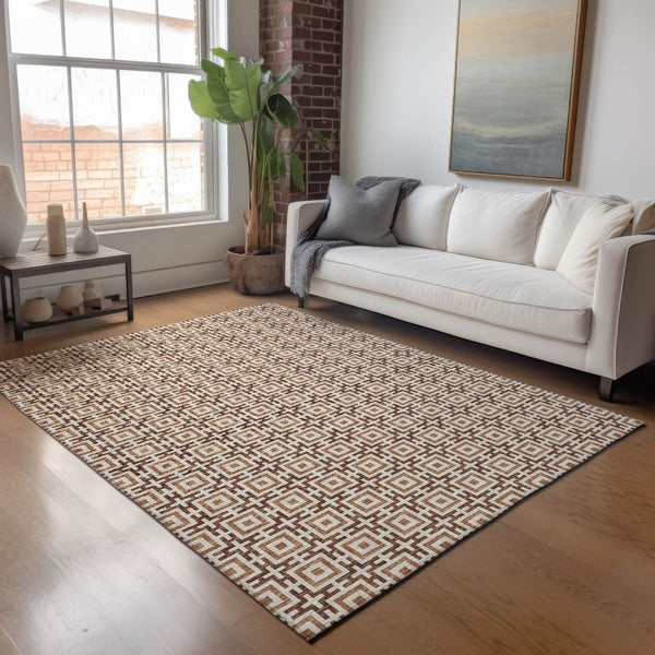 HomeRoots 8' X 10' Geometric Area Rug in Rust and Beige – Washable, UV Protected, Durable for High-Traffic Areas 645251