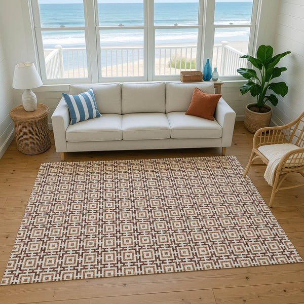 HomeRoots 10' X 14' Contemporary Rust and Beige Geometric Washable Area Rug with UV Protection & Durability 645253