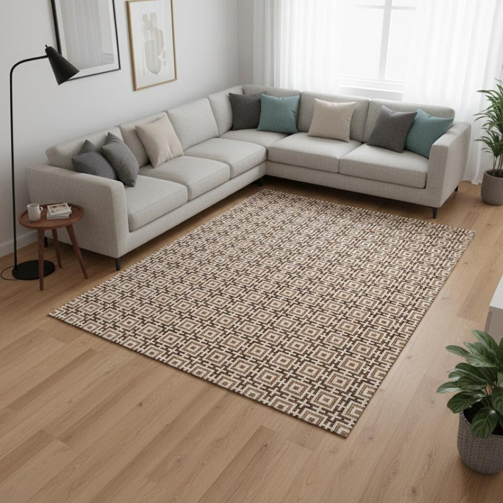 HomeRoots 10' X 14' Contemporary Rust and Beige Geometric Washable Area Rug with UV Protection & Durability 645253