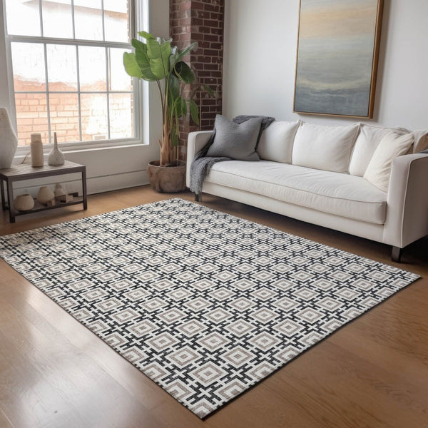 HomeRoots 5' X 8' Black and Ivory Geometric Area Rug - Washable, UV Protected, Durable for High Traffic Homes 645255