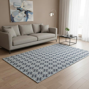 HomeRoots 5' X 8' Navy Blue and Ivory Geometric Area Rug - Machine Washable, UV Protected for Modern Homes 645267