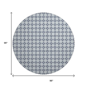 HomeRoots 8' Navy Blue and Ivory Geometric Round Rug - Washable, UV-Protected, Stylish for Any Space! 645268