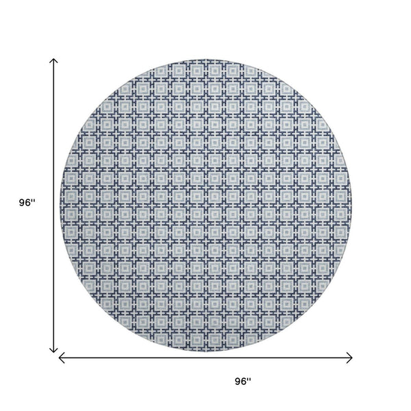 HomeRoots 8' Navy Blue and Ivory Geometric Round Rug - Washable, UV-Protected, Stylish for Any Space! 645268