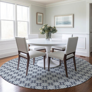 HomeRoots 8' Navy Blue and Ivory Geometric Round Rug - Washable, UV-Protected, Stylish for Any Space! 645268
