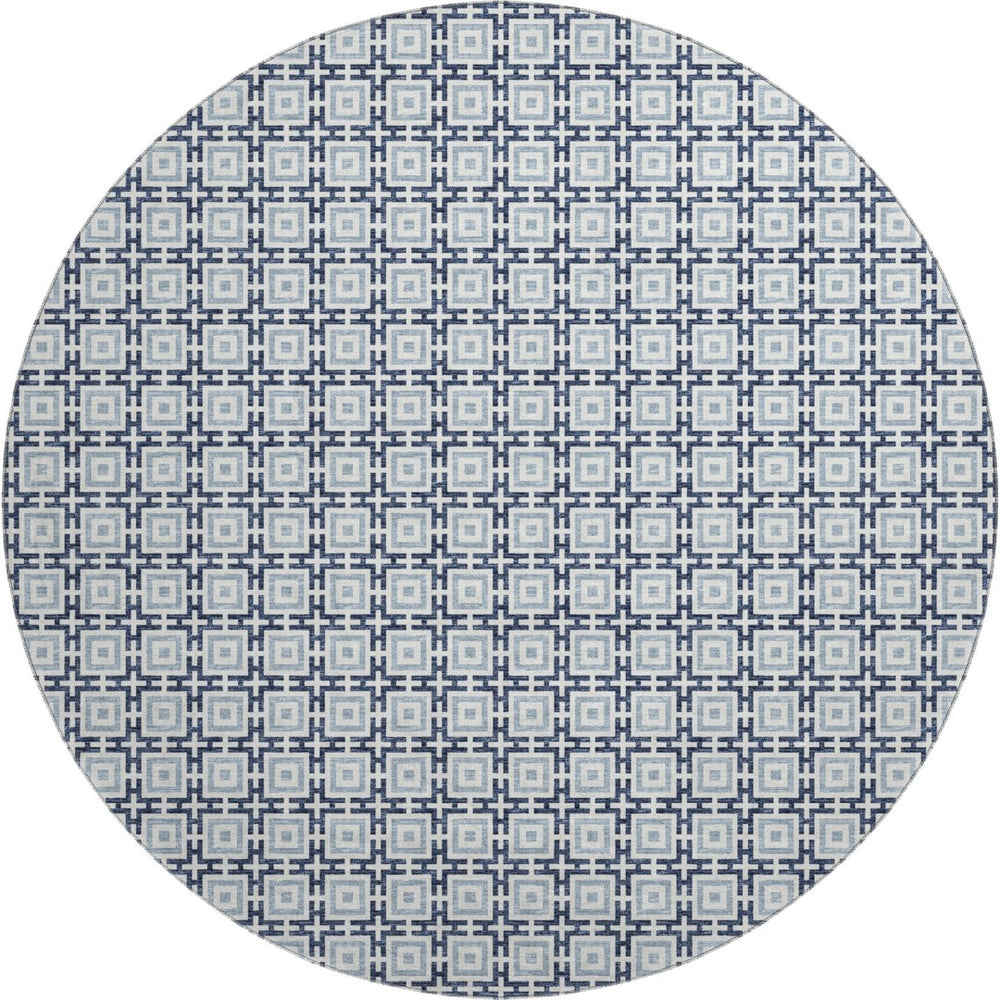 HomeRoots 8' Navy Blue and Ivory Geometric Round Rug - Washable, UV-Protected, Stylish for Any Space! 645268
