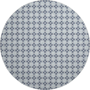 HomeRoots 8' Navy Blue and Ivory Geometric Round Rug - Washable, UV-Protected, Stylish for Any Space! 645268