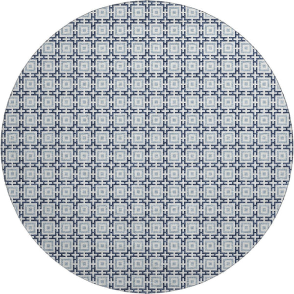 HomeRoots 8' Navy Blue and Ivory Geometric Round Rug - Washable, UV-Protected, Stylish for Any Space! 645268