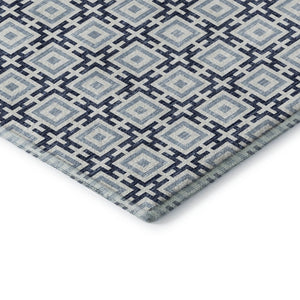 HomeRoots 8' Navy Blue and Ivory Geometric Round Rug - Washable, UV-Protected, Stylish for Any Space! 645268