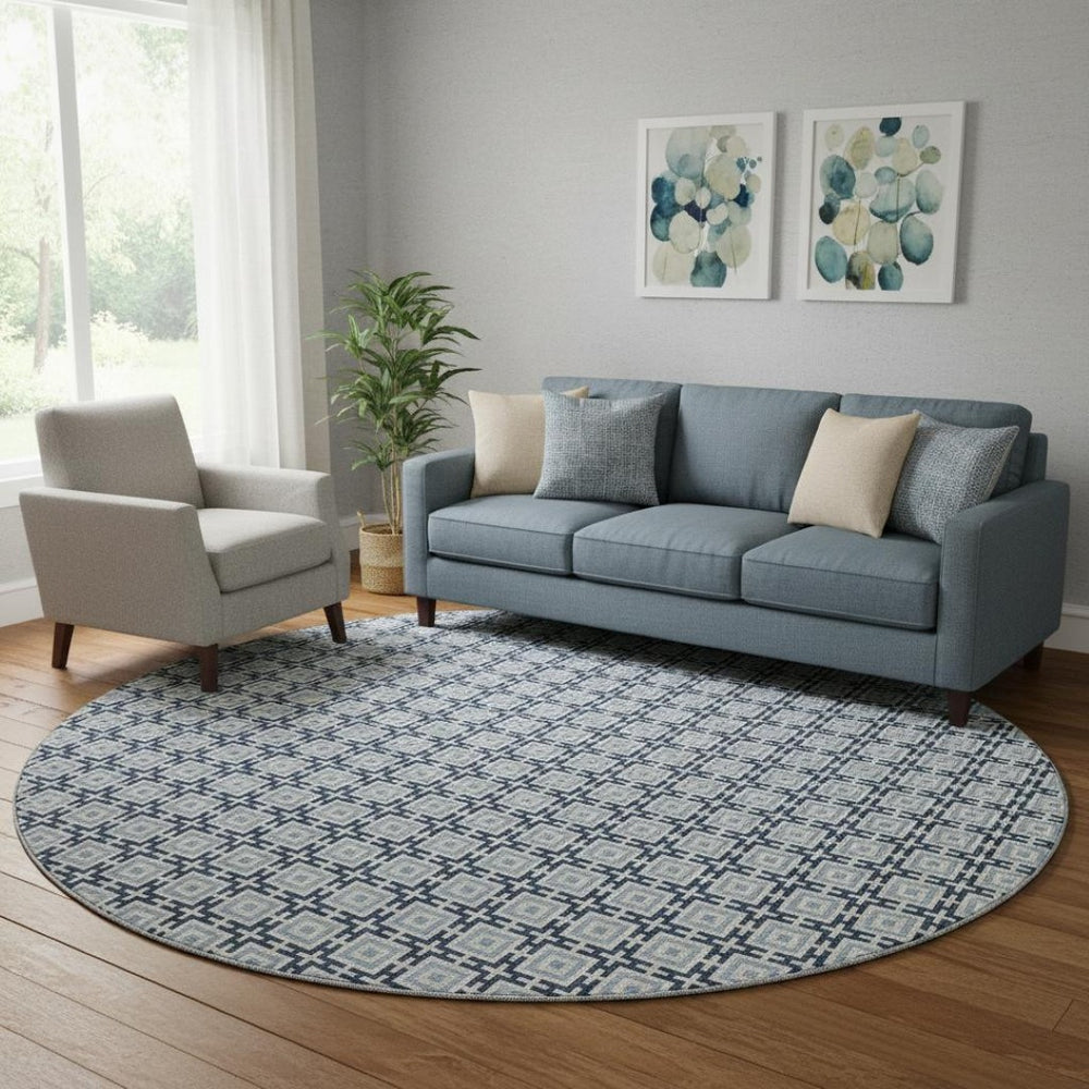HomeRoots 8' Navy Blue and Ivory Geometric Round Rug - Washable, UV-Protected, Stylish for Any Space! 645268