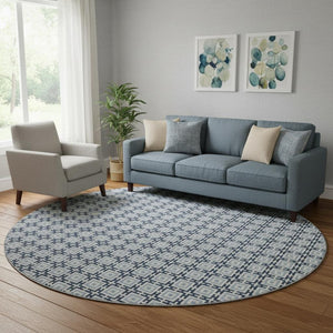 HomeRoots 8' Navy Blue and Ivory Geometric Round Rug - Washable, UV-Protected, Stylish for Any Space! 645268