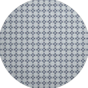 HomeRoots 8' Navy Blue and Ivory Geometric Round Rug - Washable, UV-Protected, Stylish for Any Space! 645268