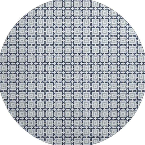 HomeRoots 8' Navy Blue and Ivory Geometric Round Rug - Washable, UV-Protected, Stylish for Any Space! 645268