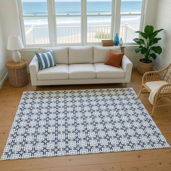 HomeRoots 8' X 10' Navy Blue and Ivory Geometric Area Rug – Washable, UV Protected, Durable & Stylish Decor 645269