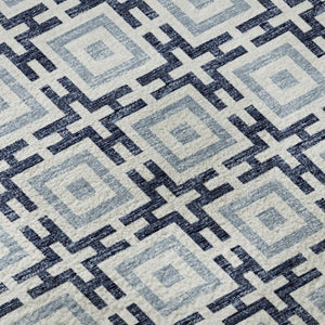 HomeRoots 8' X 10' Navy Blue and Ivory Geometric Area Rug – Washable, UV Protected, Durable & Stylish Decor 645269