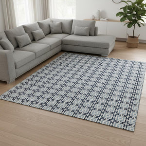 HomeRoots 8' X 10' Navy Blue and Ivory Geometric Area Rug – Washable, UV Protected, Durable & Stylish Decor 645269
