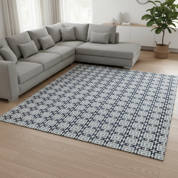 HomeRoots 8' X 10' Navy Blue and Ivory Geometric Area Rug – Washable, UV Protected, Durable & Stylish Decor 645269