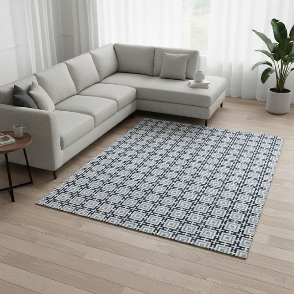 HomeRoots 9' X 12' Navy Blue & Ivory Geometric Area Rug - Stylish, Washable, UV & Stain Resistant for Easy Care 645270
