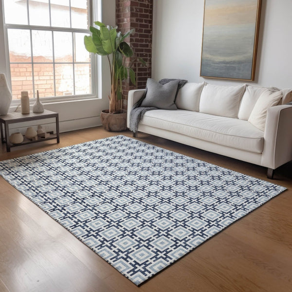 HomeRoots 10' Navy Blue & Ivory Geometric Area Rug - Washable, UV Protected, Durable Design for Busy Homes 645271