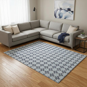 HomeRoots 10' Navy Blue & Ivory Geometric Area Rug - Washable, UV Protected, Durable Design for Busy Homes 645271