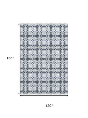 HomeRoots 10' Navy Blue & Ivory Geometric Area Rug - Washable, UV Protected, Durable Design for Busy Homes 645271