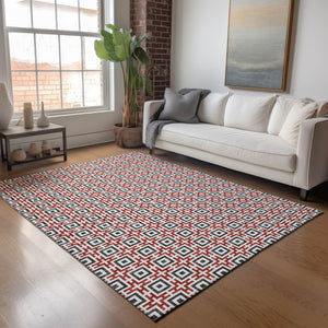 HomeRoots 5' X 8' Washable Geometric Area Rug in Red, Black & Ivory - UV-Resistant, Durable & Stylish Decor 645273